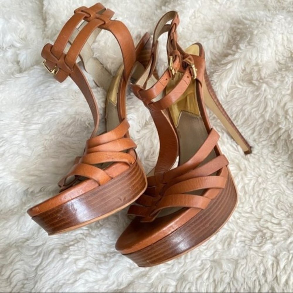Michael Kors Tan Leather Platform Heels Strappy Sandals Size 10 - Picture 12 of 16